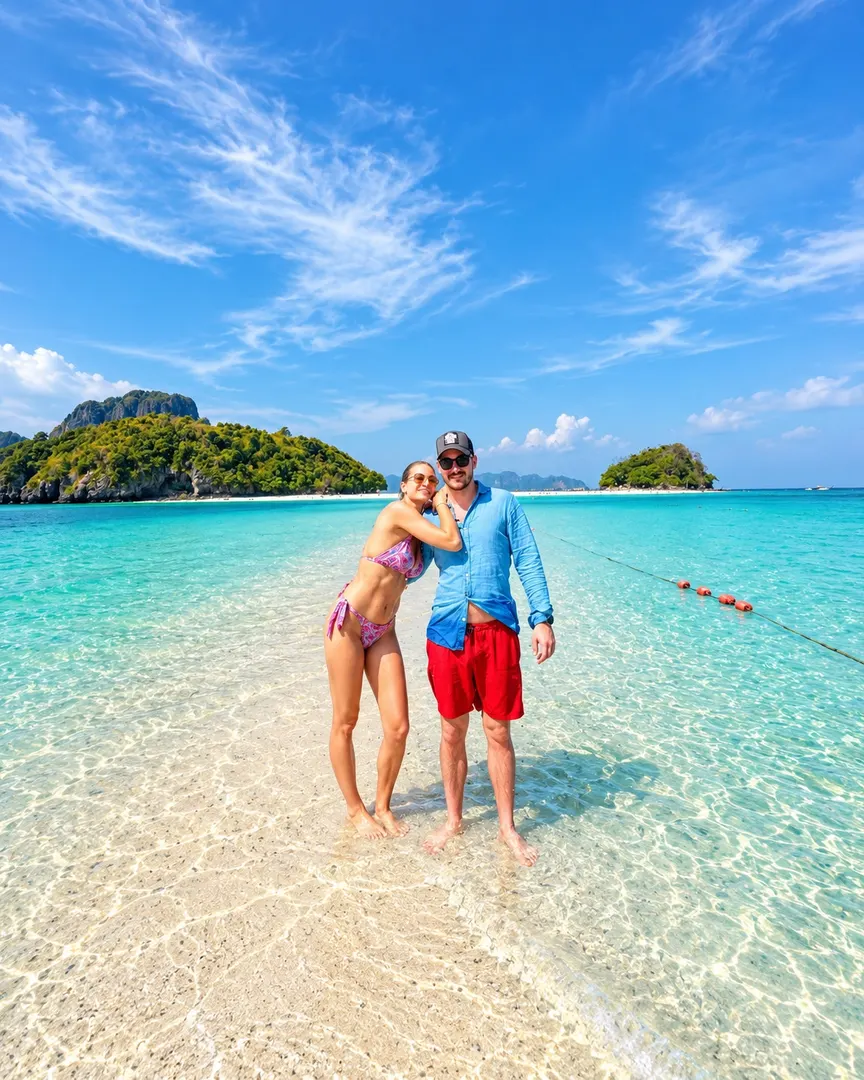 Two guests standing on the Tup Island sandbar at low tide, Krabi