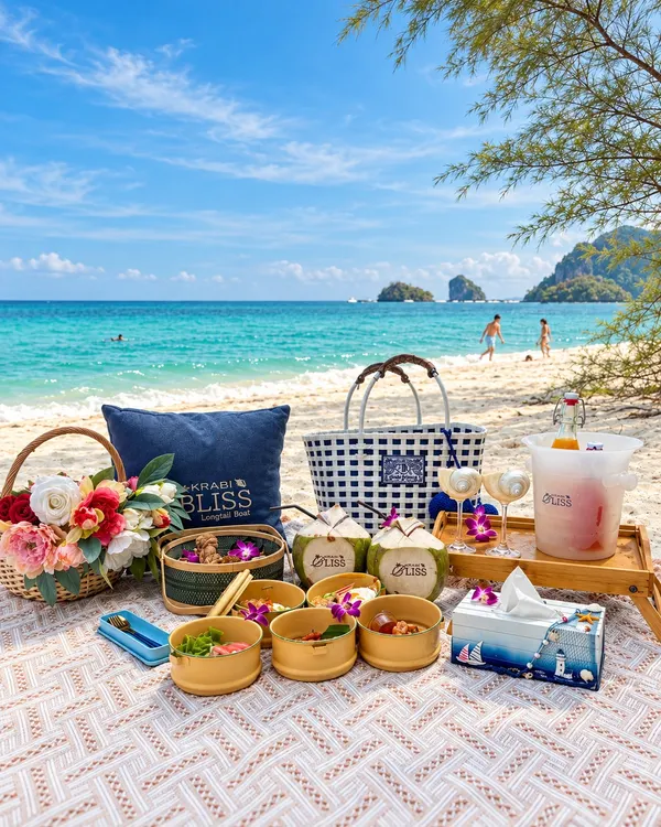 Krabi Bliss picnic on the sand: lunch bowls, fresh coconuts, flowers and drinks, with the sea behind