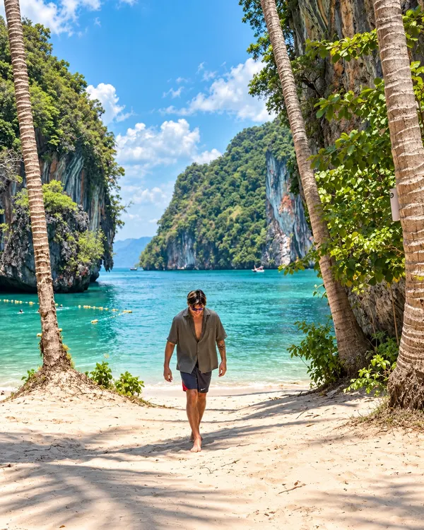 Guest walking along a palm-lined beach path, with limestone cliffs and turquoise water behind
