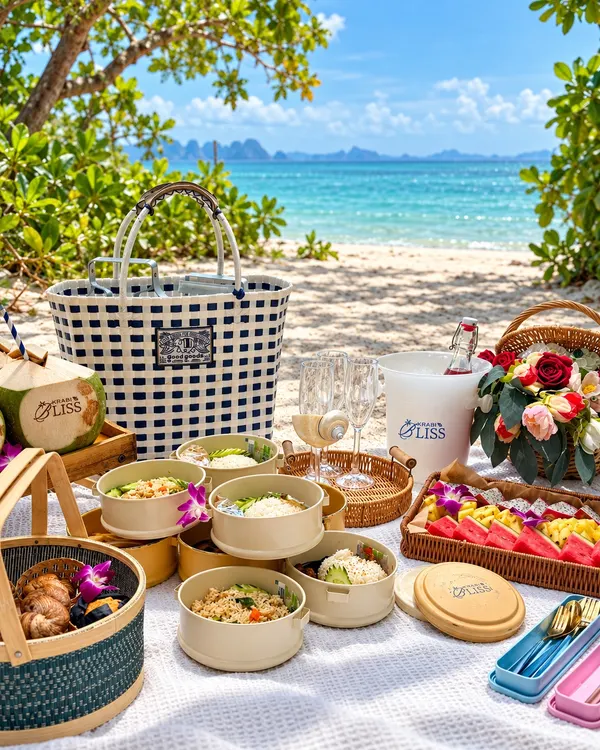 Picnic set up on a quiet beach: lunch bowls, fruit platter, fresh coconut, flowers and glasses