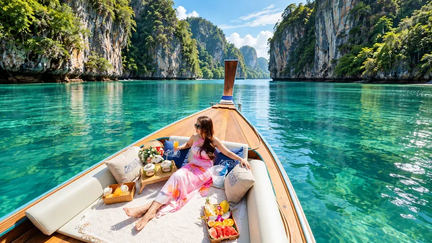 Hong Lagoon in Krabi, enclosed by limestone cliffs, seen from a Krabi Bliss private longtail boat